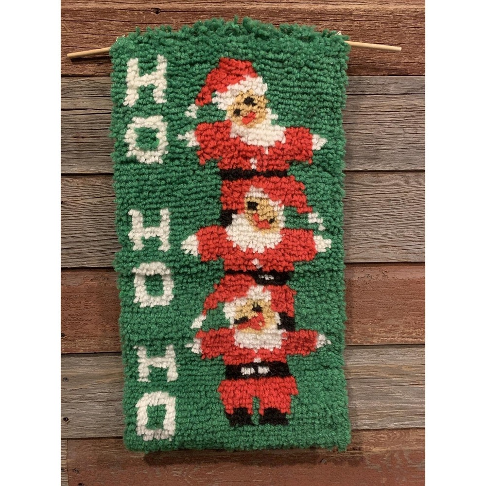 Vtg Latch Hook Rug Wall Hanging Decor Triple Santa Christmas 12"x23" Ho Ho Ho